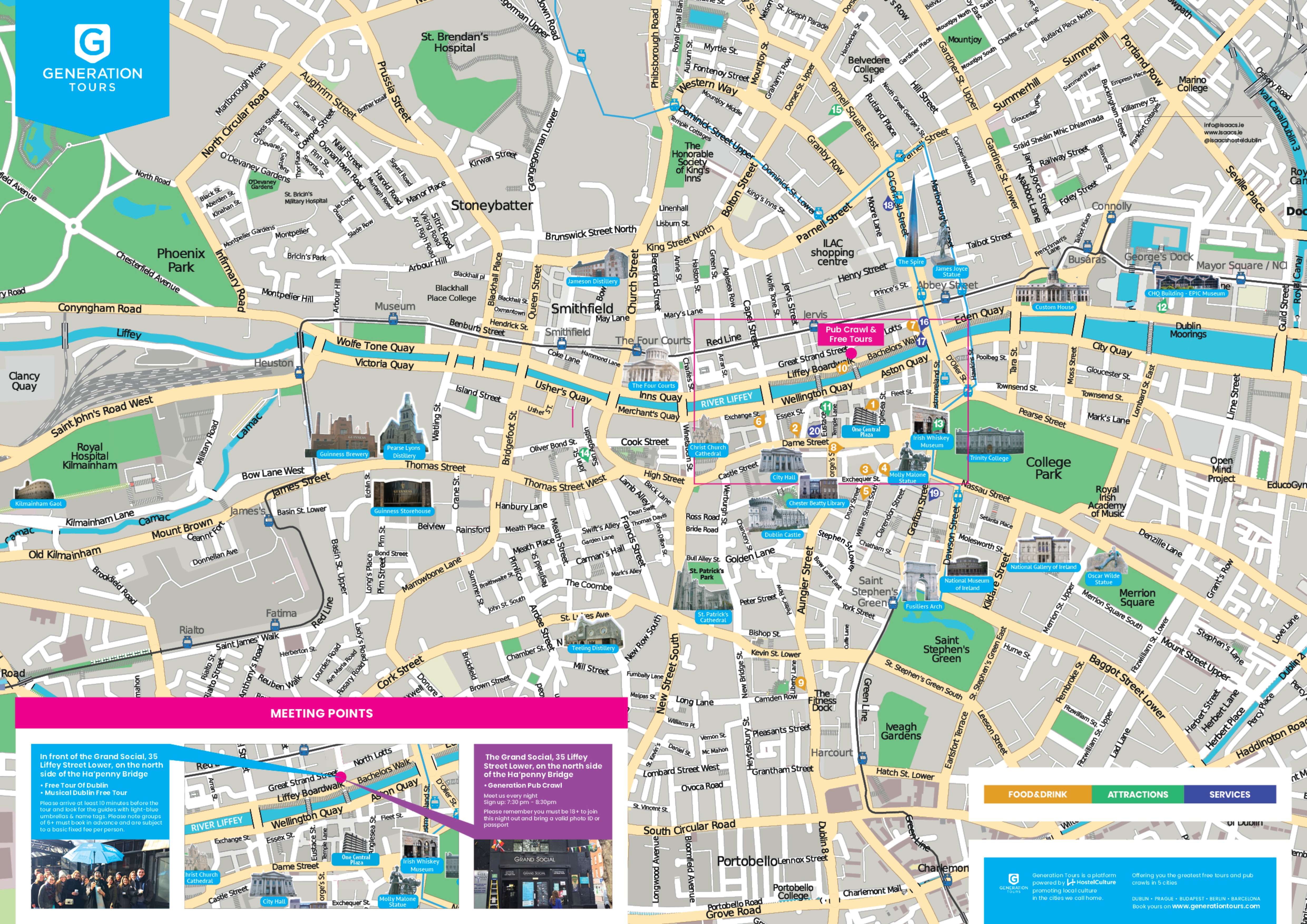 Sehr detaillierter Stadtplan von Dublin mit Sehenswürdigkeiten bereitgestellt von https://www.generationtours.com/
